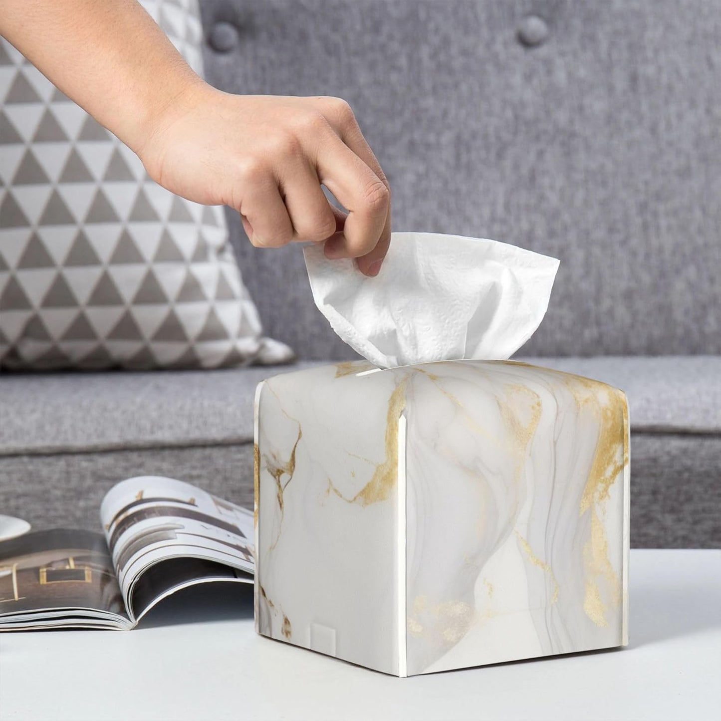 Tissue Box Cover,Grey Golden Marble Pu Leather Square Tissue Box Cover Case Organizer Cube Holder for Bathroom Vanity Countertop Night Stands Office Desk & Car 5.2X5.2X5.2''