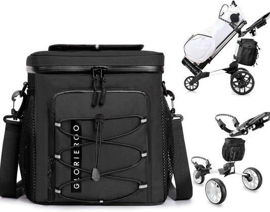 Golf Cart Cooler Bag Insulated - 12-Can Leakproof Soft Cooler Bag with Hook-and-Loop Lid, Waterproof Zippers, and Multi-Pockets for Accessories; Fits on Golf Push Cart