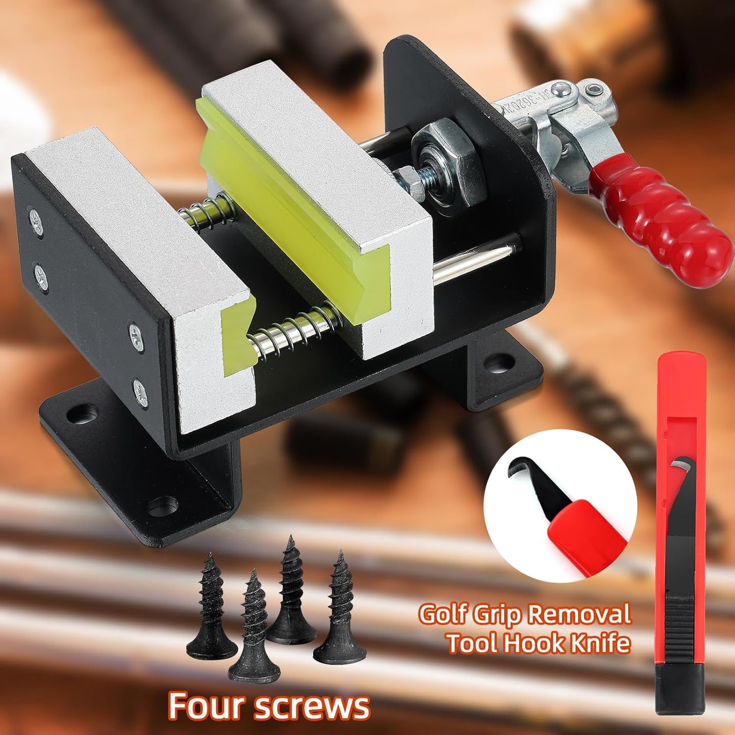 Golf Club Regripping Pro Kit - Heavy-Duty Aluminum Vise Clamp with Hook Knife, Quick Release Shaft Vice, Non-Slip Rubber Handle Golf Grip Replacement Tools Hand-Operated Locking Clamp Tools