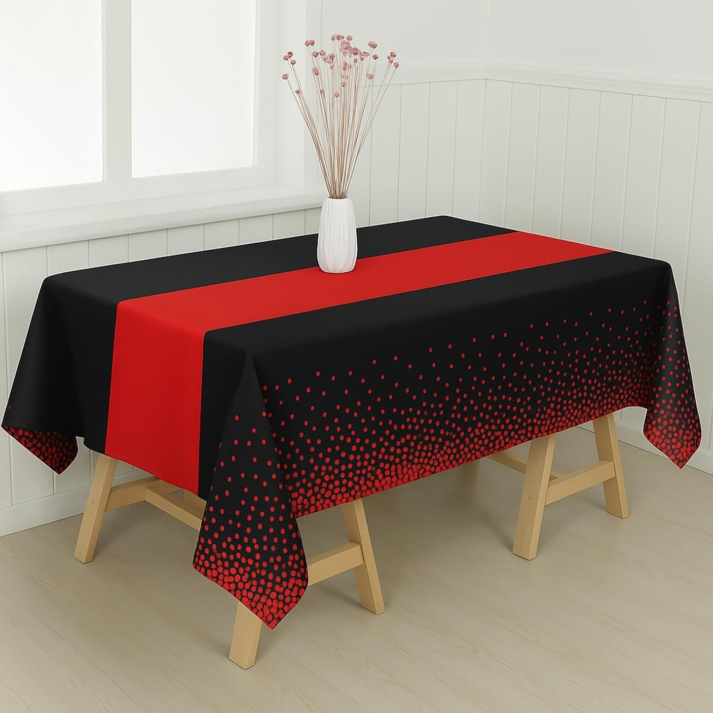 2in1 Disposable Plastic Tablecloths 54" x 108" Black and Red Dot Kitchen Table Cloth Rectangle Table Cover for Wedding Birthday Baby Shower Anniversary Christmas Graduation (Black/Red, 8 Pack)