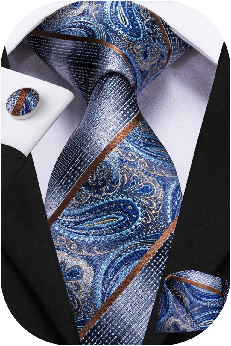 Dubulle Mens Paisley Striped Tie WOVEN Necktie for Men and Handkerchief Cufflinks Set Wedding Formal Business