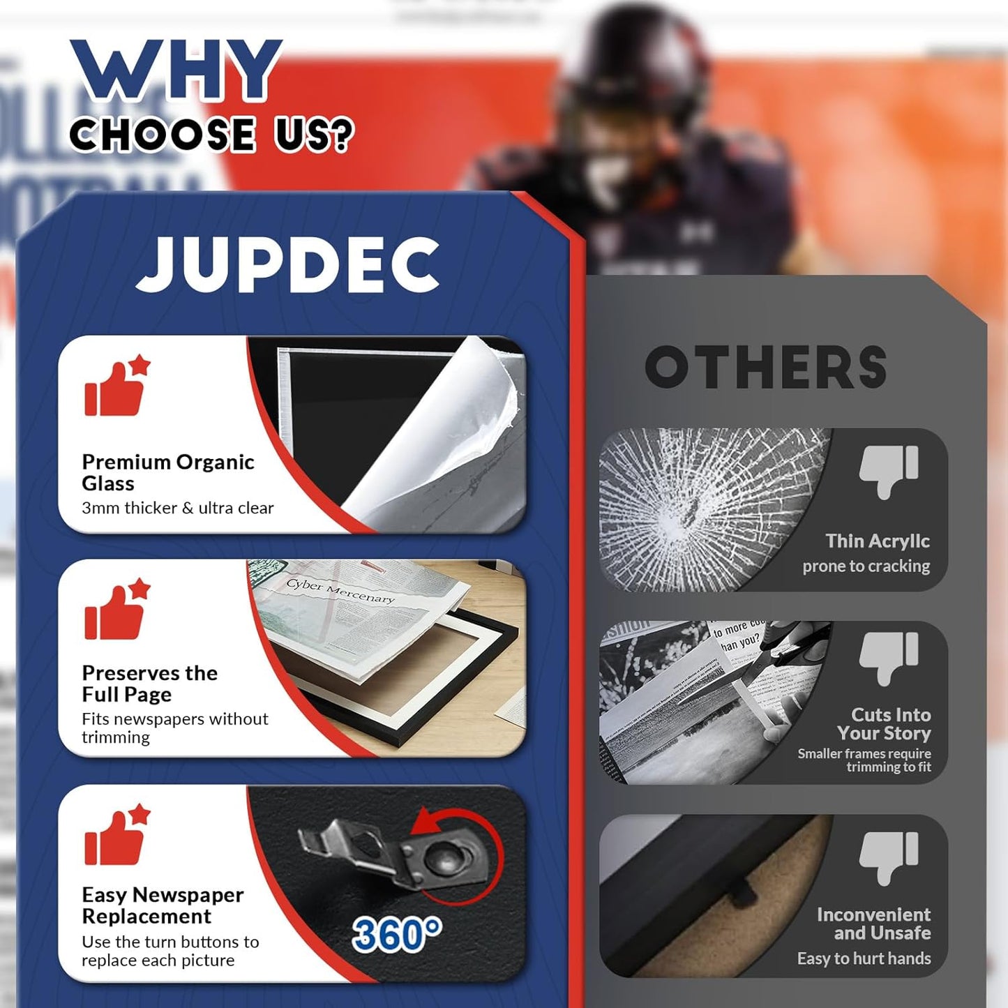 JupDec 11 × 22 Up to 13 × 24 Newspaper Frame, Premium Wood Display Case with Acrylic Panel, Wall Mount or Tabletop Stand, Perfect for Home & Office Decor, Ideal Gift for Collector, 1 Pack, White