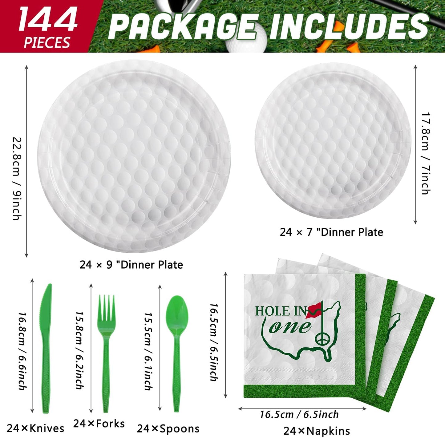144 Pcs 3D Golf Ball Party Supplies Paper Ball Plates and Napkins Dinnerware Set Tableware Supplies Includes Paper Plates Napkins Forks Serve 24 for Birthday Sports Party decorations