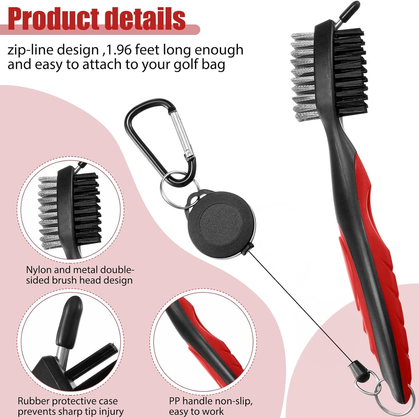 Skylety 3 Pieces Golf Club Groove Sharpener Retractable Brush and 6-Head Groove Sharpener Re-Grooving Tool and Cleaner for All Golf Irons Pitching, Sand, Lob, Approach Wedges, Utility Clubs (Red)