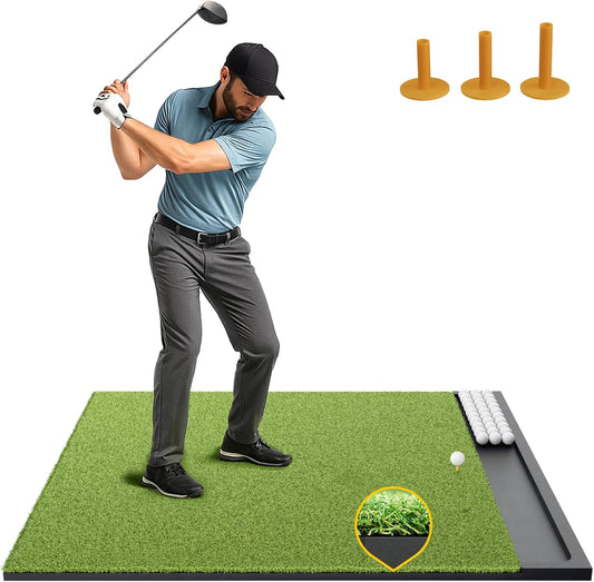 Golf Hitting Mat with Ball Tray, 5x4 & 6x4 ft, 26mm/31mm Thick, Standard & Alignment Line Options, Premium Golf Practice Mat for Indoor Outdoor Swing & Chipping