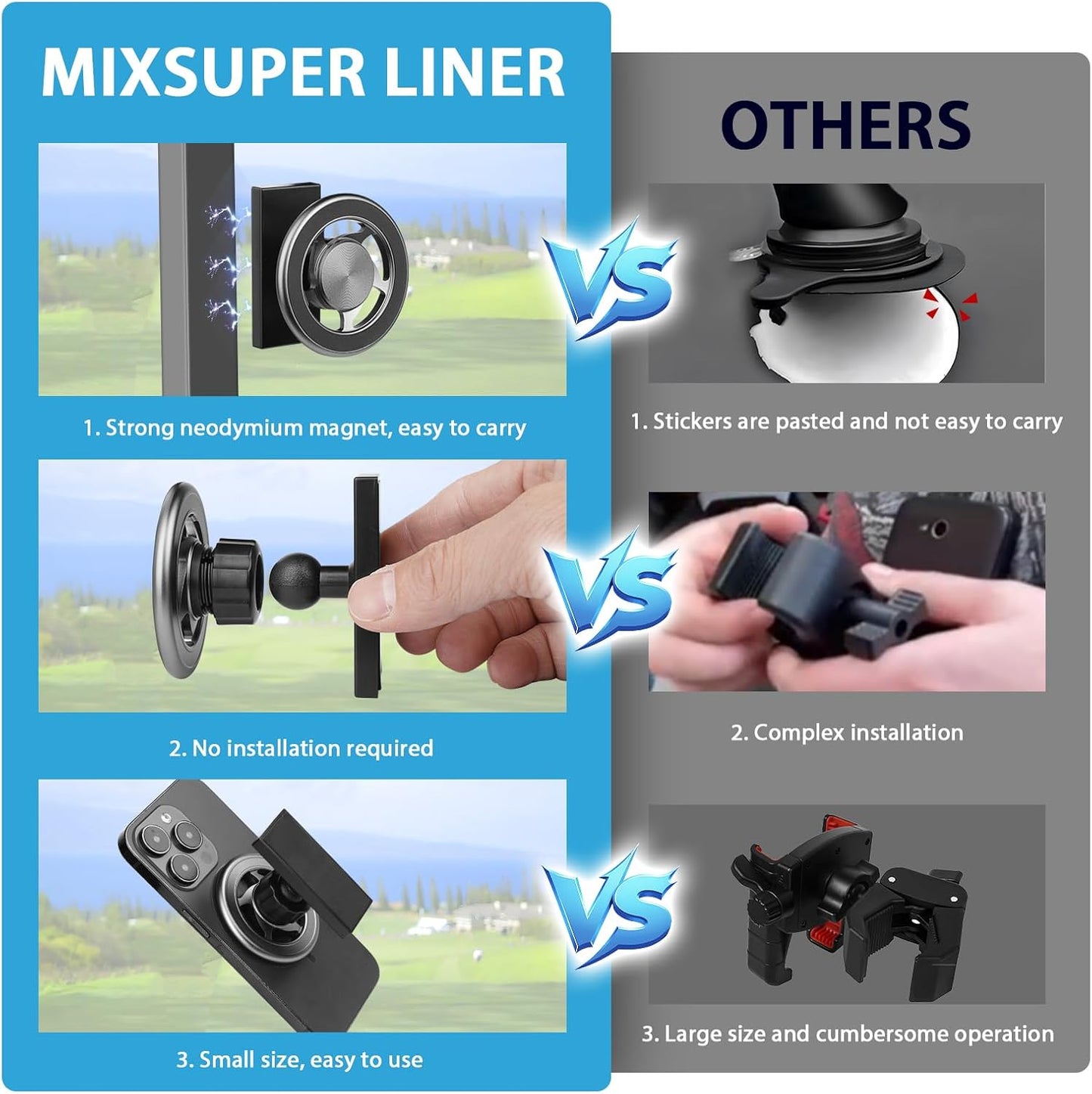 Mixsuper Golf Cart Phone Holder for Iphone 16 Pro Max 15 14 13 All Smartphones, 20× N54 Strong Magnetism Phone Holder for Golf Cart Fit the Ezgo, Club Car, Yamaha, 360 ° Rotation Golf Cart Phone Mount