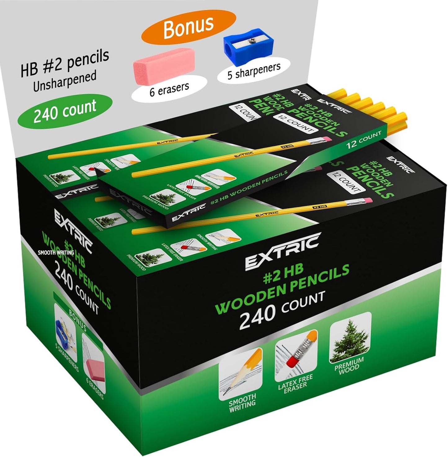 EXTRIC Wood-Cased Pencils HB #2, 240 Count Yellow Pencils with Top Eraser, Unsharpened, Hexagonal Grip, Bulk Pack for School, Office and Teacher Supplies