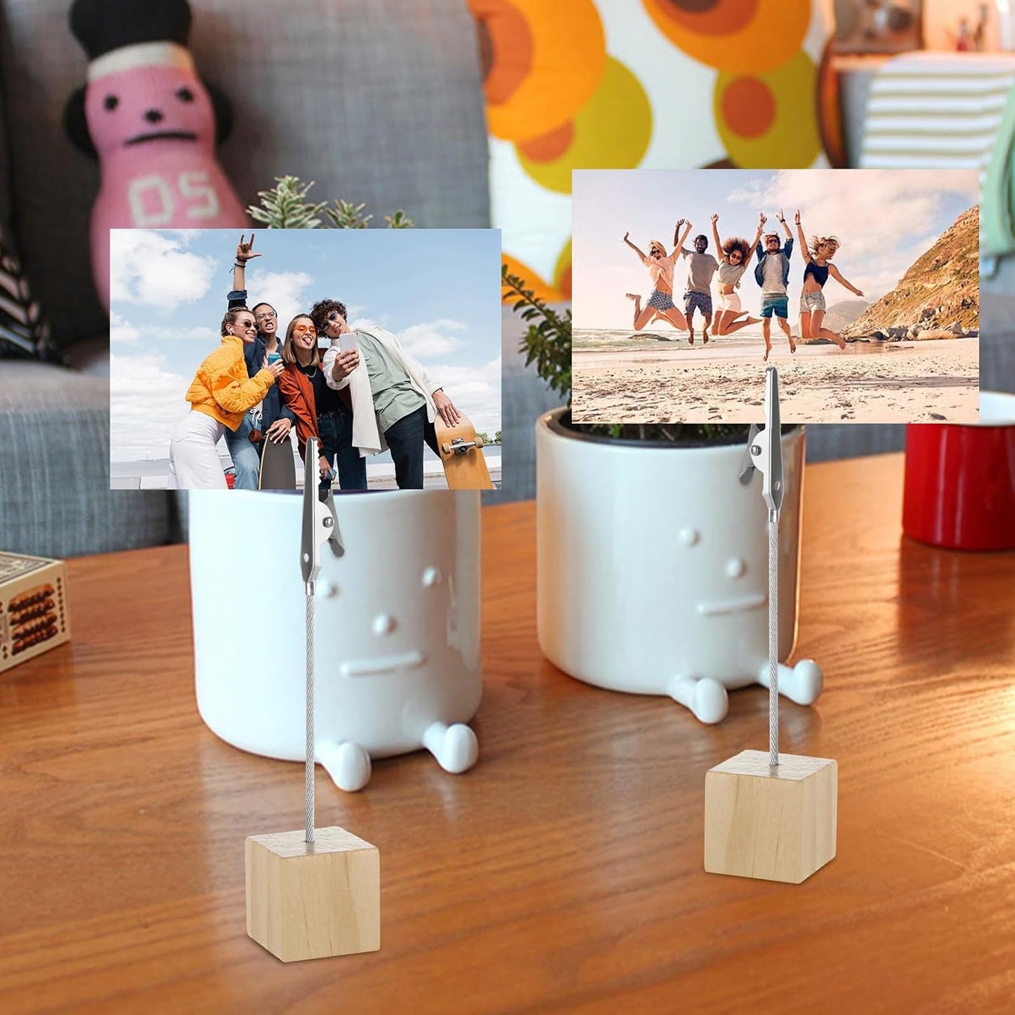 50 Pcs Place Card Holder Cube Photo Clips Holder with Alligator Clip, 4.7 x 1 Inch Table Number Holders Cube Base Memo Clips Holders for Displaying Pictures Number Card Wedding Party (Wood)