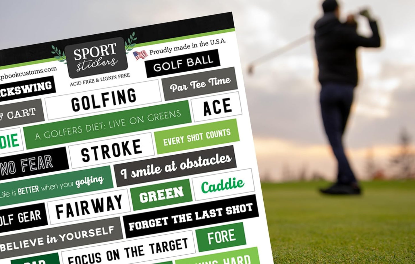 Golf Stickers Sheets - Golfing Scrapbook Sticker with Club, Cart, Flagstick, Tee, Sporty Phrases Design - Sports Embellishments for Scrapbooking, Photo Album, Journal, Planner, DIY Crafts - 2 Items