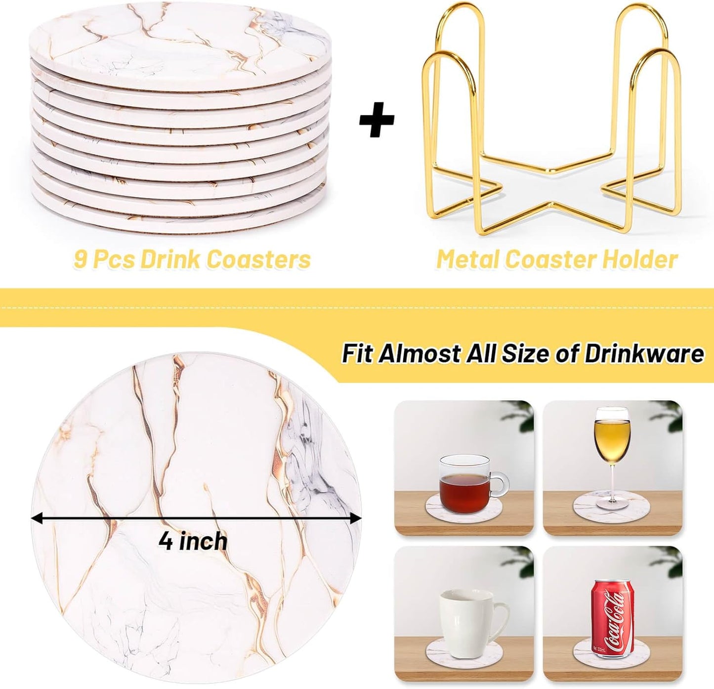 9 Pieces Ceramic Drink Coasters with Holder, Billbotk Absorbent Drink Coasters for Coffee Table, Marble Style Coasters Wooden Table, Suitable for Kinds of Cups, 4 Inches