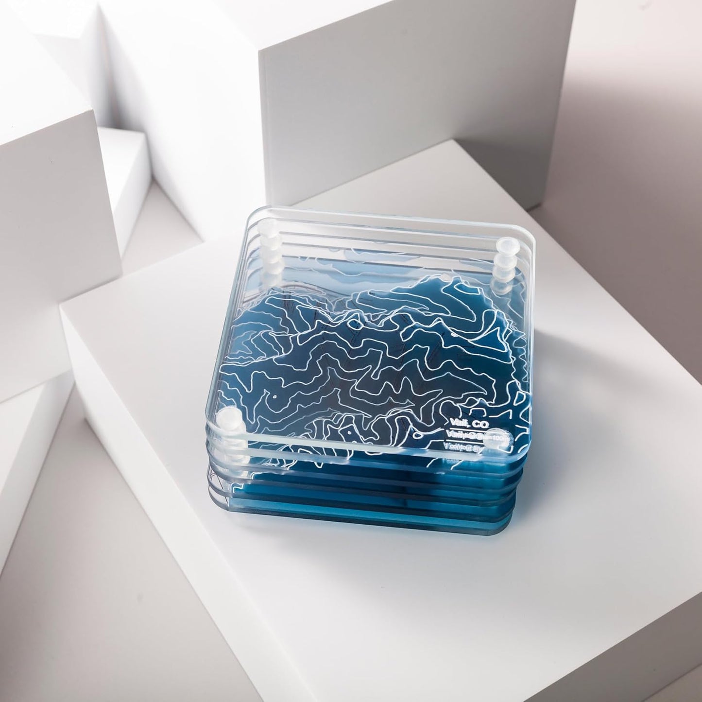 Vail, CO 3D Contour Map Glass Drink Coasters of Mountains, Ski Resort, Set of 6 with Holder, Housewarming Birthday Gifts, Home Decor