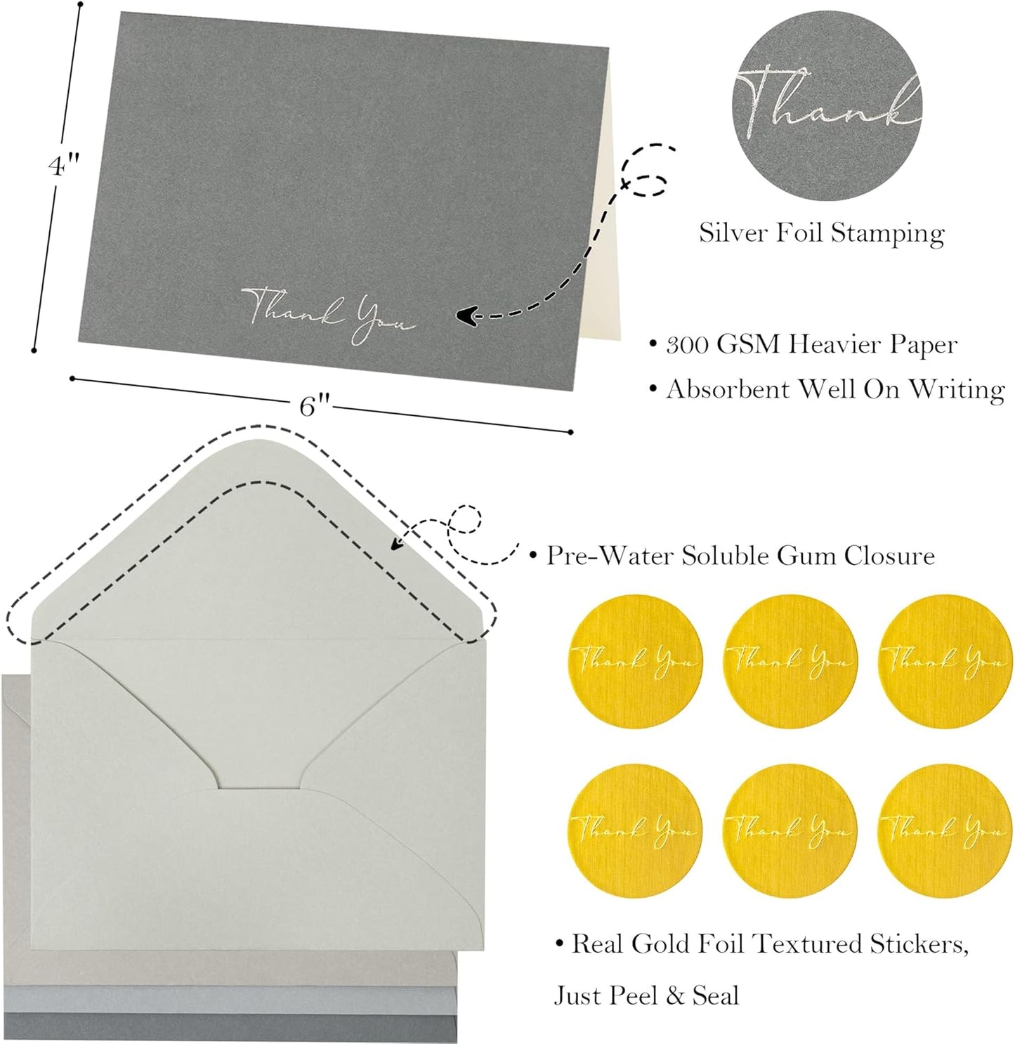 Crisky Gray Thank You Cards with Envelopes & Stickers， 50 Pack Gold Foil Bridal Shower Graduation Thank You Cards Small Business, Wedding Baby Shower Birthday Funeral Notes Bulk