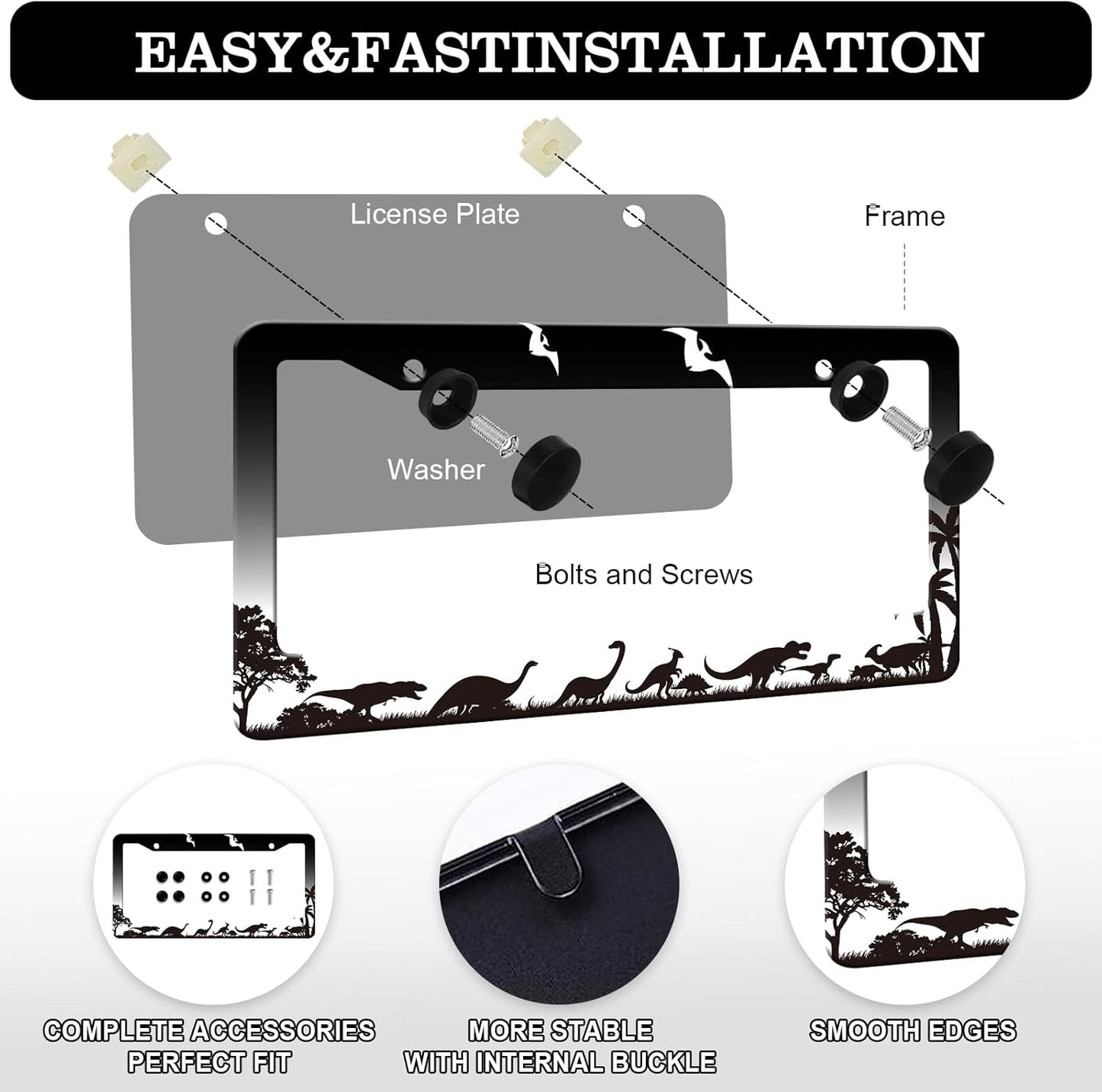 Dinosaurs Silhouette License Plate Frames - 2 Pack Personalise License Plates Holder Covers, Aluminum Metal Rust-Proof Waterproof Car Tag Frame with Screws Fasteners Caps