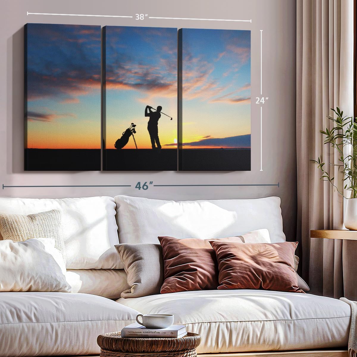 ElephantStock Golfing At Sunset Wall Art - Horizontal Canvas - 3-Piece Living Room Wall Decor - Golf Photography Canvas Print - Black and Orange Decor for Wall - 38" X 24"