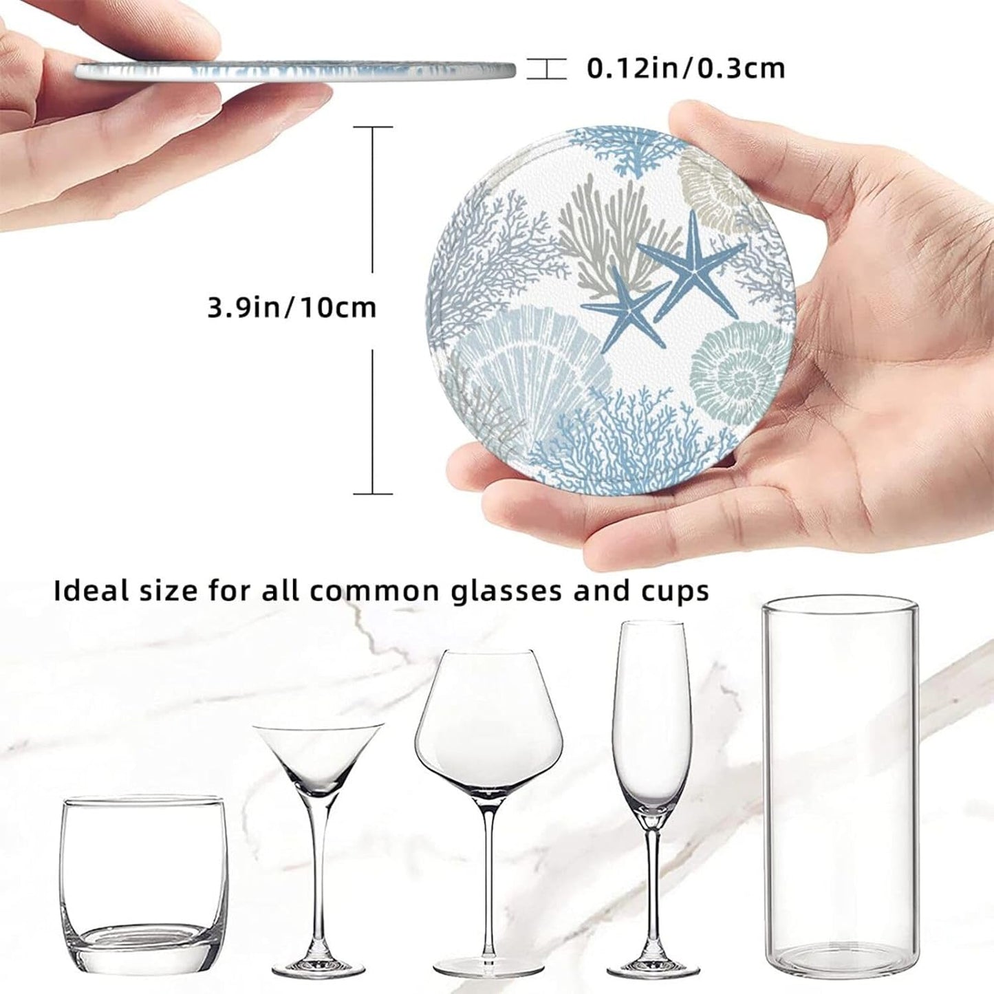 Nautical Sea Shell Star Coral Coastal Coasters for Drinks Round Leather Coaster with Holder Set of 6 for Tabletop Protection Desk Accessories Office Home Room Decor