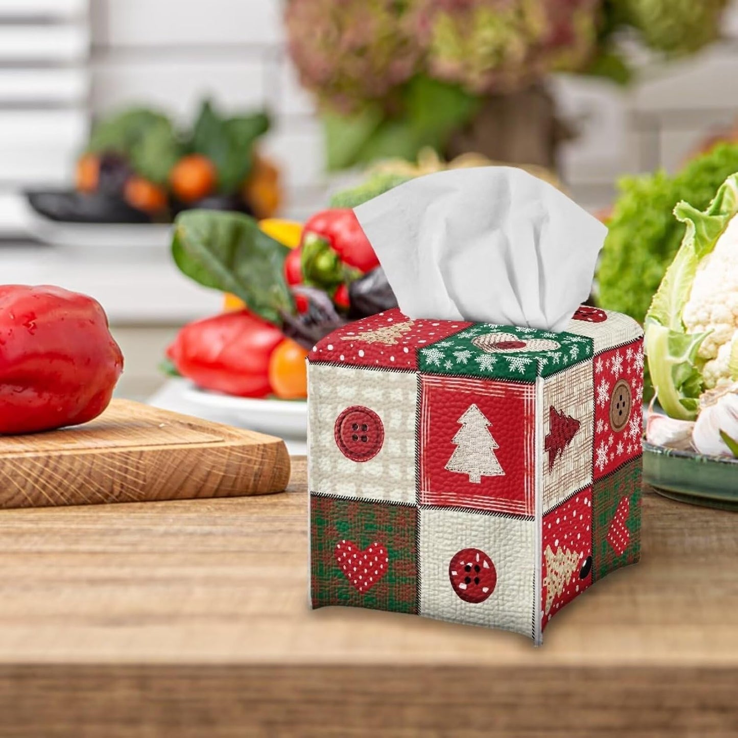 Christmas Theme Tissue Box Cover 5x5x5 inch Leather Tissue Paper Box Napkin Dispenser Organizer Holiday Home Facial Paper Dispenser for Office Bedroom Car