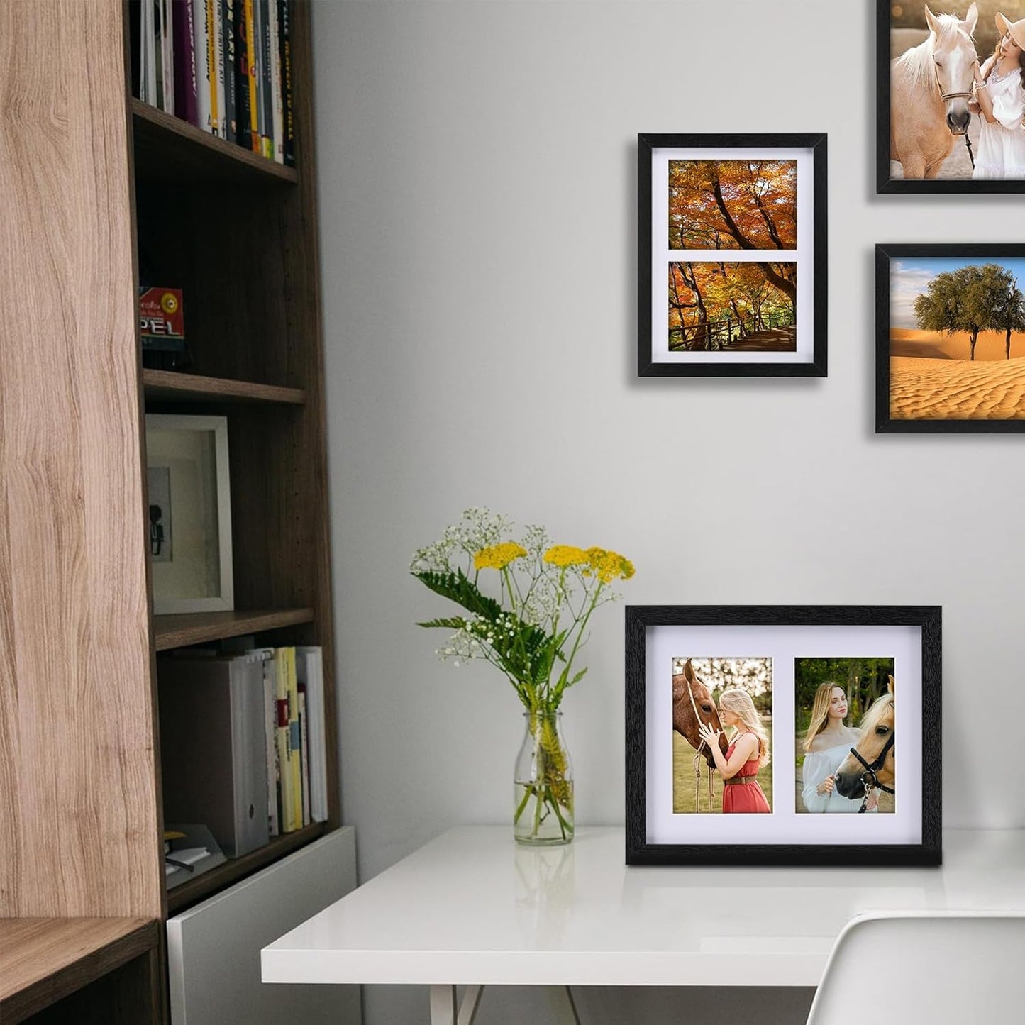 8x10 Pine Wood Collage Picture Frame Double 4x6 Picture Frame with Tempered Glass Fits 1Pc 8x10 Picture or 2Pcs 4x6 Photos With Mat For Tabletop or Gallery Wall Mounted-Rustic Black
