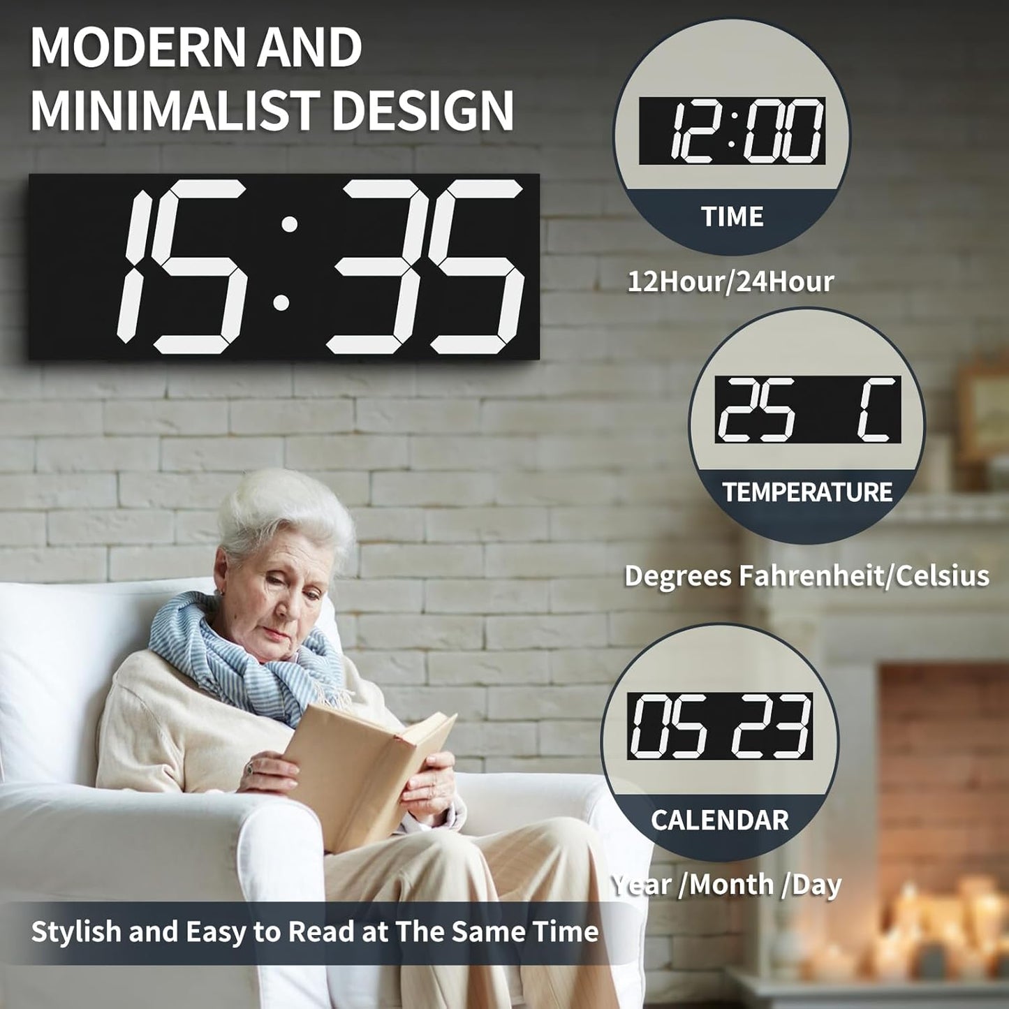 18.7in Large Digital Wall Clock,LED Digital Clock with Big Number,Multi-Function Remote Controlled Wall Clock with Timer, Alarm and Calendar Display(White)