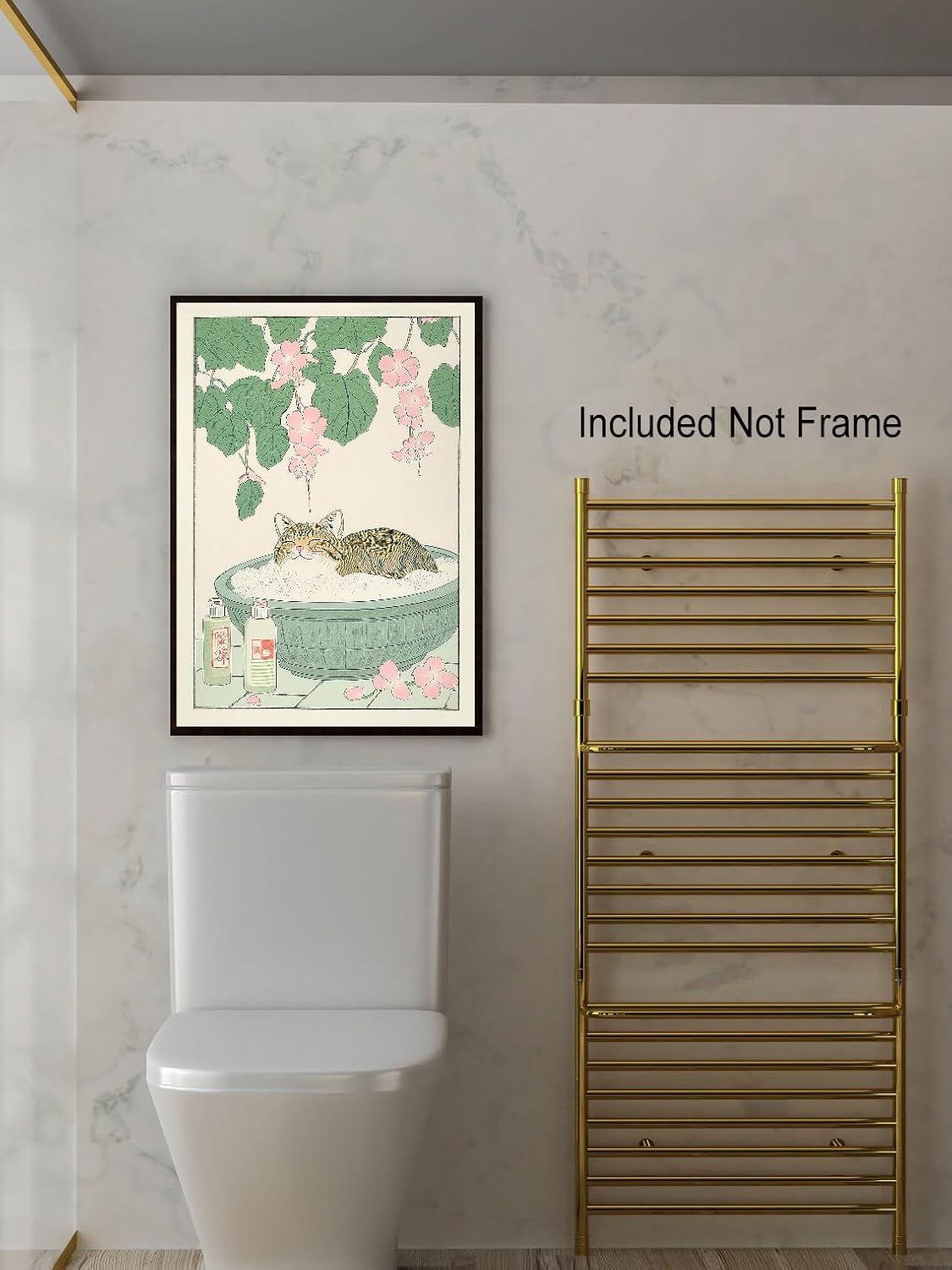 Vintage Tabby Cat in The Bathtub Posters Funny Bathroom Wall Art Cute Animal Lover Canvas Prints Japanese Aesthetic Neutral Minimalist Wall Decor for Dorm Restroom 16x24in Unframed