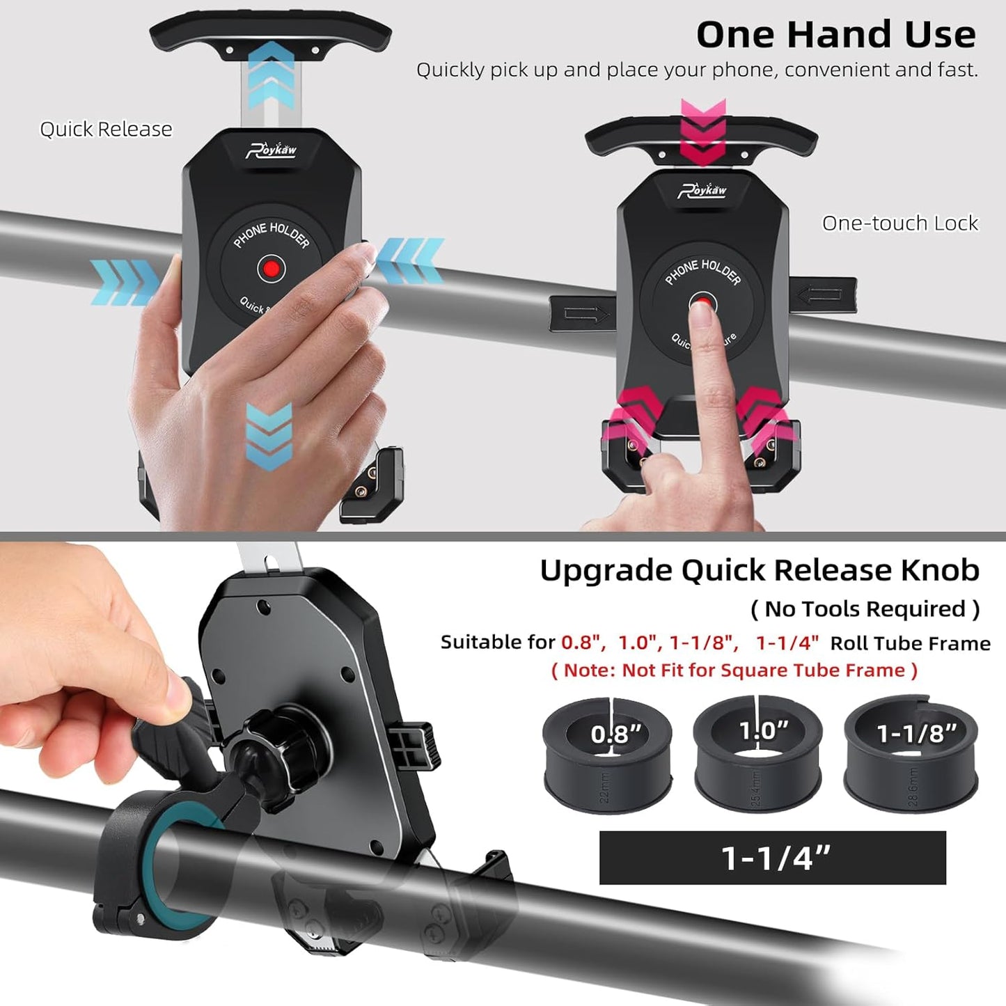 Roykaw Golf Push Cart Phone Holder Mount Compatible with Caddytek,Clicgear,Sun Mountain,Rovic, Caddy, Bag Boy,Golf Push Cart Accessories for Cell Phones,Full Silicone Protection/ 360°Rotatable