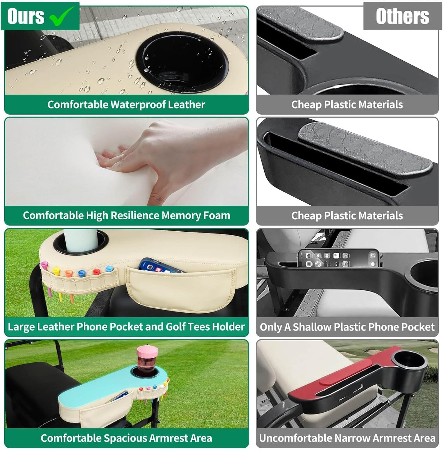 No Drilling Golf Cart Armrest with Cup Holder Phone Bag Golf Tree Holder for Rear Seat, Triangle Support Frame Fits 1" Side Square Tube EZGO Club Car DS Precedent Yamaha Golf Carts Arm Rest