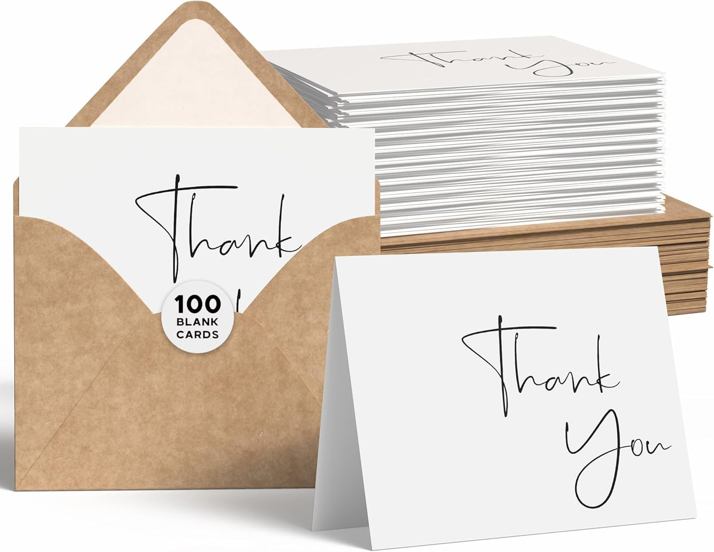 VNS Creations Thank You Cards With Envelopes Bulk Set & Stickers - 100 Pack 4x6 Blank Thank You Notes Bulk Box Set - Large Note Card Small Business, Wedding, Baby Shower & Bridal Shower - White