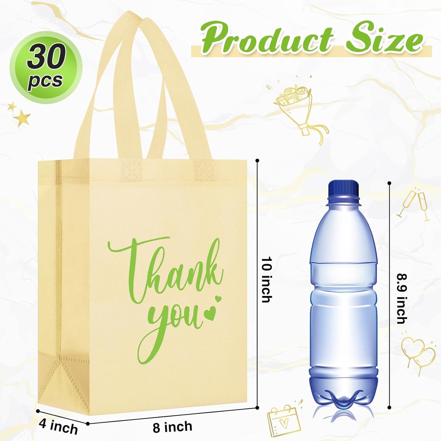 Sweetude 30 Pcs Thank You Gift Bags with Handles Bulk Reusable Goodie Bag Non Woven Foldable Handbag for Graduation Wedding Bridesmaid Gifts(10 x 8 x 4 Inch,Beige)