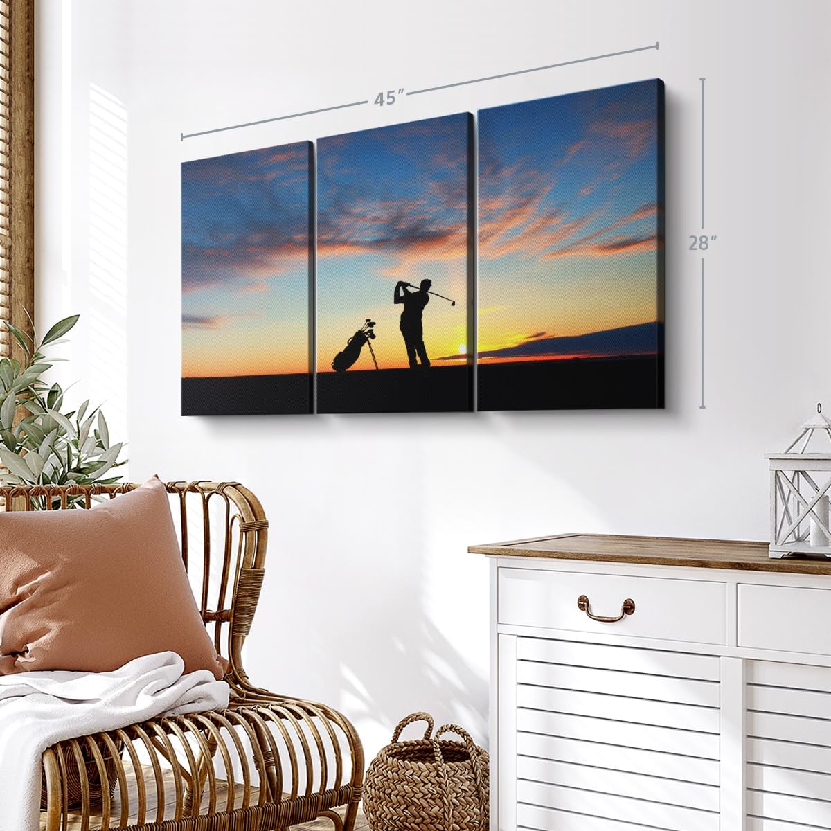 ElephantStock Golfing At Sunset Wall Art - Horizontal Canvas - 3-Piece Living Room Wall Decor - Golf Photography Canvas Print - Black and Orange Decor for Wall - 45" X 28"