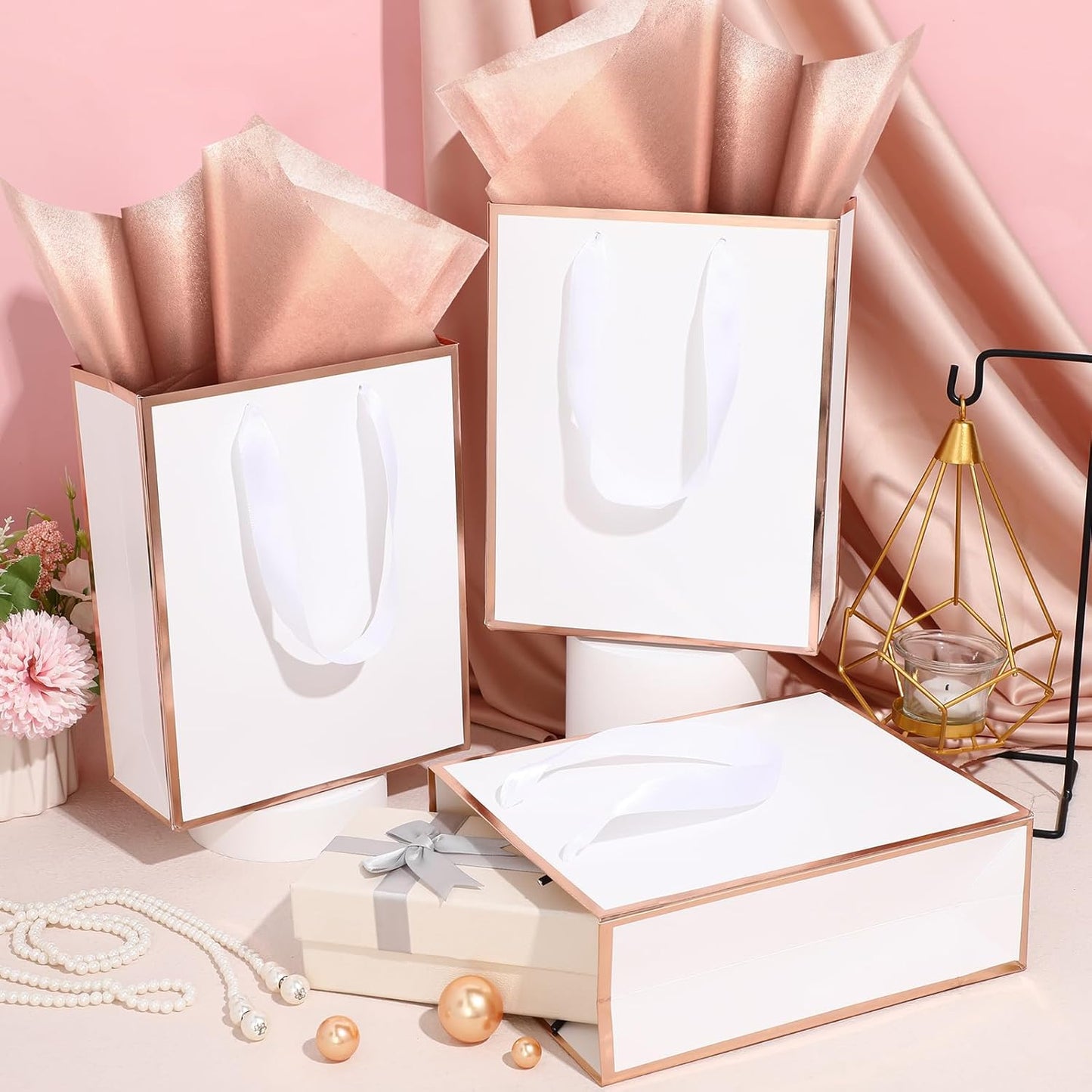 Yeaqee 24 Pack Metallic Paper Gift Bags with Handle and Tissue 9x7x3.1 Gold Foil Welcome Favor Bags Return Gifts for Wedding Fall 5 Senses Christmas Bridesmaid Birthday(White, Rose Gold)
