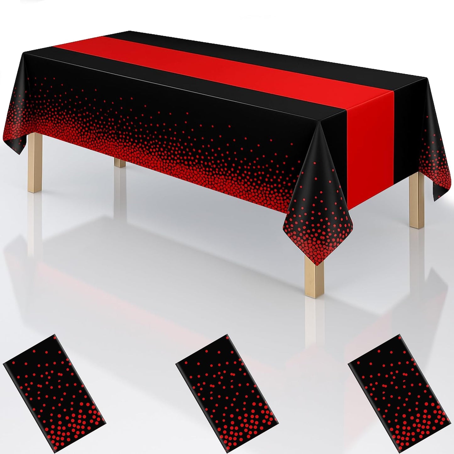 2in1 Disposable Plastic Tablecloths 54" x 108" Black and Red Dot Kitchen Table Cloth Rectangle Table Cover for Wedding Birthday Baby Shower Anniversary Christmas Graduation (Black/Red, 3 Pack)