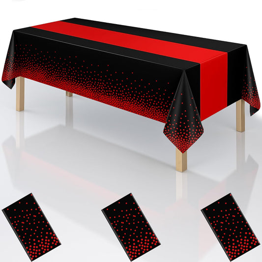 2in1 Disposable Plastic Tablecloths 54" x 108" Black and Red Dot Kitchen Table Cloth Rectangle Table Cover for Wedding Birthday Baby Shower Anniversary Christmas Graduation (Black/Red, 3 Pack)