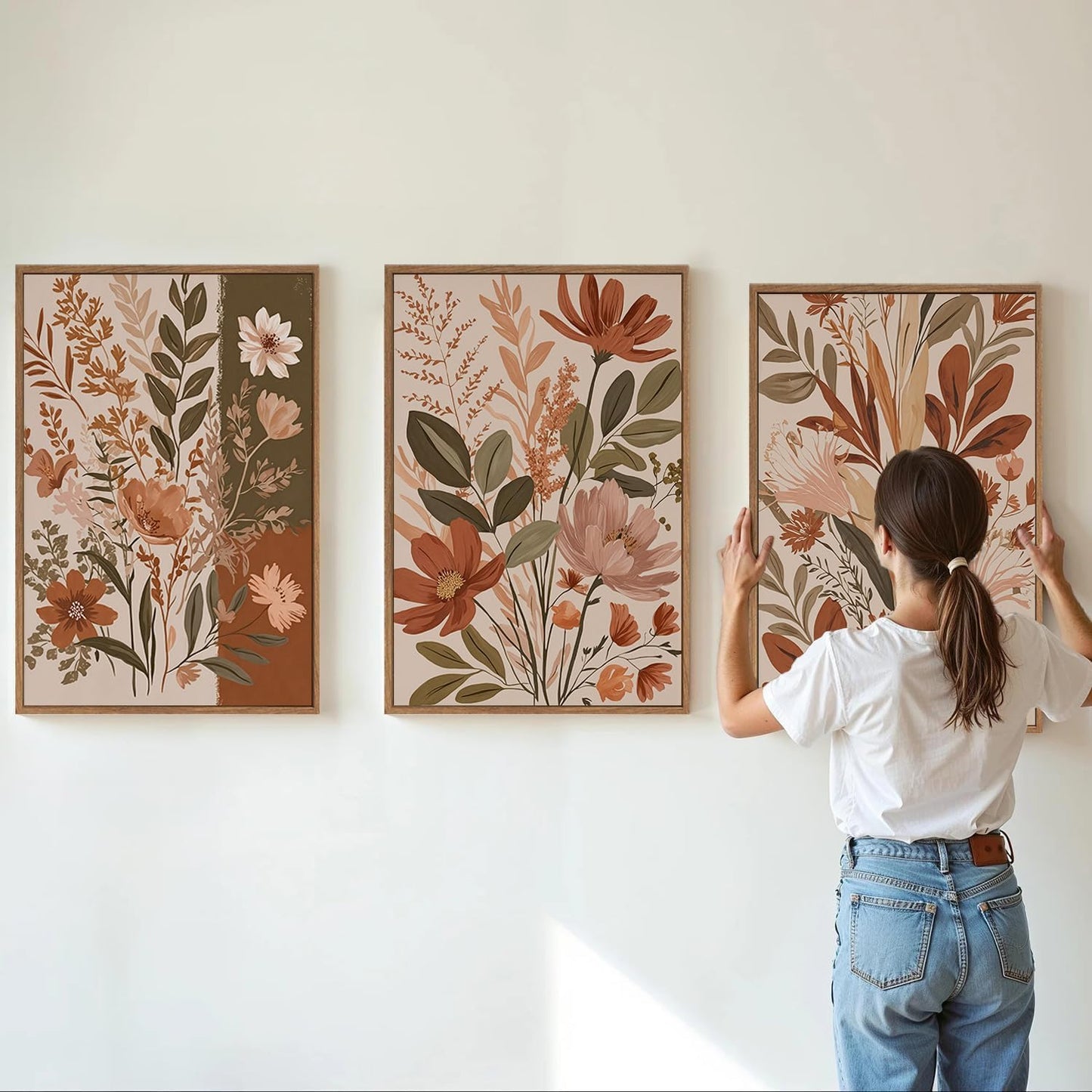 MTFBWY Framed Boho Botanical Wall Art Set of 3 – Earth Tone Floral Canvas Prints, Neutral Beige Abstract Flower Pictures for Home Living Room Bedroom Wall Decor, 16L x 12W