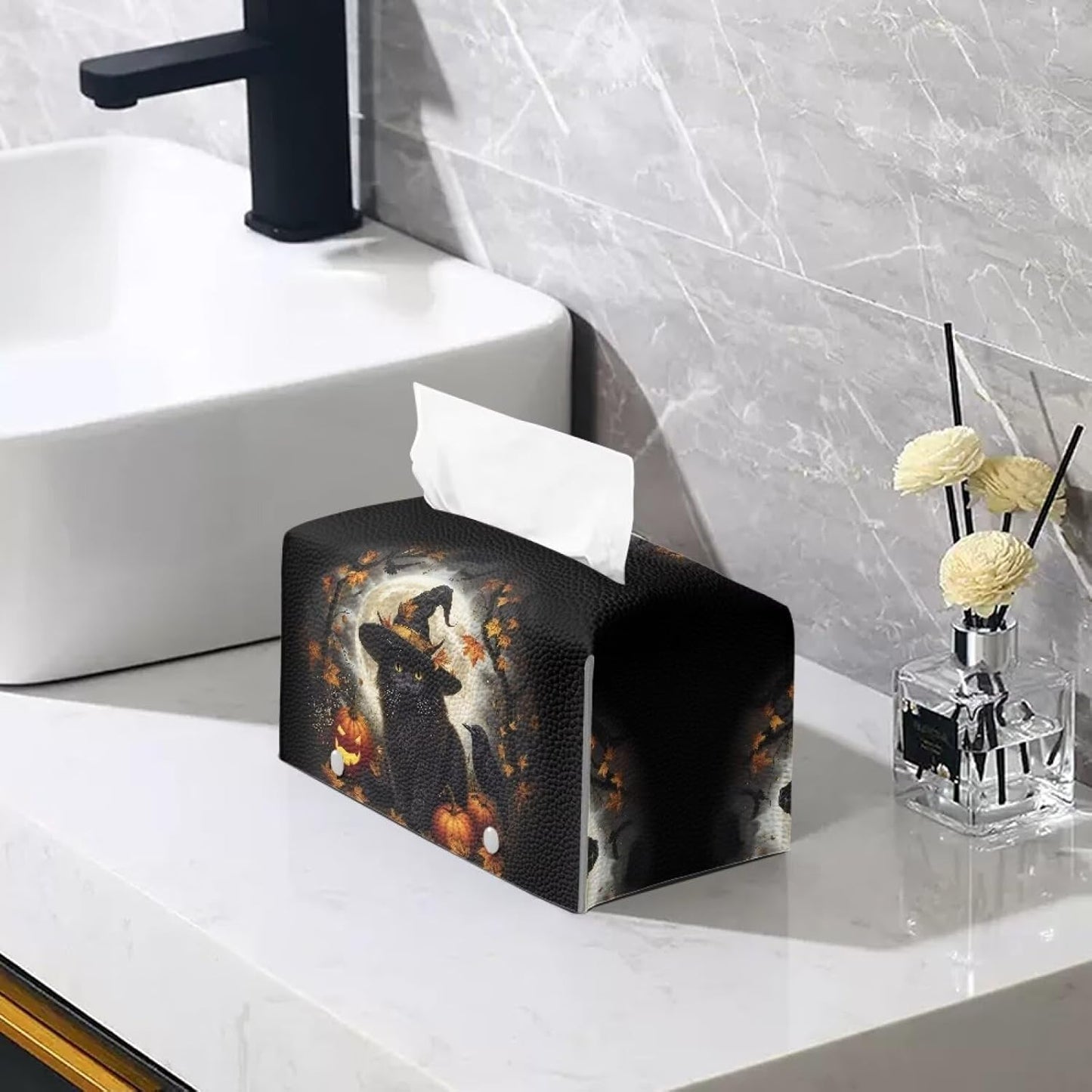 Fall Rectangle Tissue Box Cover with Storage Black Cat Pumpkin Print Tissue Holder for Bathroom Gothic Tissue Box Holder for Home, Car, Hotel, Office Easy to Clean