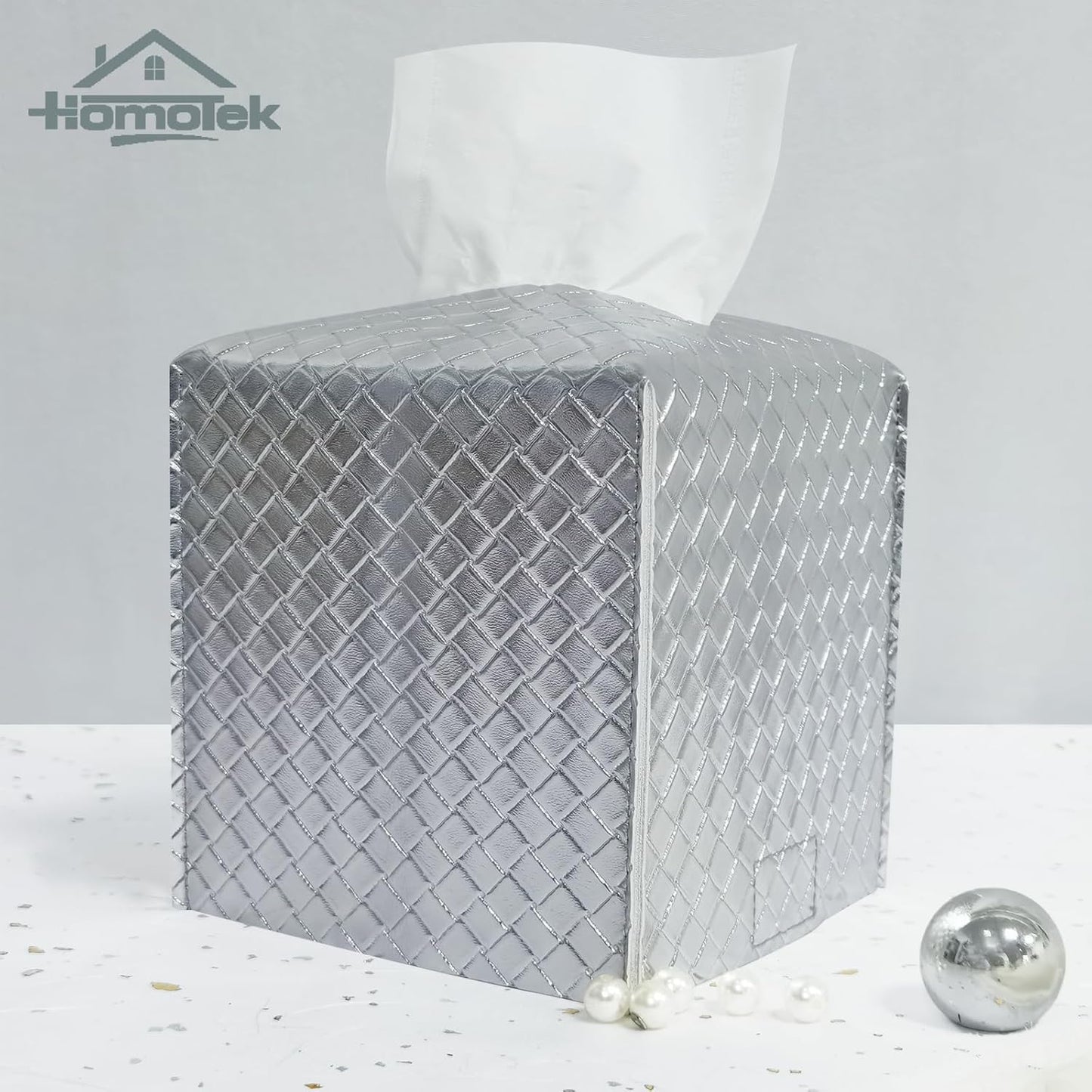HOMOTEK 2 Pack Tissue Box Cover, Square PU Leather Tissue Holder, Decorative Facial Tissue Cube Paper Organizer Dispenser for Bathroom, Night Stands, Desk, Car 5X5X5'' - Woven Waffle, Silver