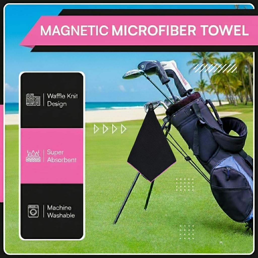 Magnetic Golf Towel Supporting Breast Cancer Research | 10% Profit Donation | 29” Waffle Microfiber | Removable High-Strength Magnet | Ultra Absorbent | Durable for Clubs & Balls