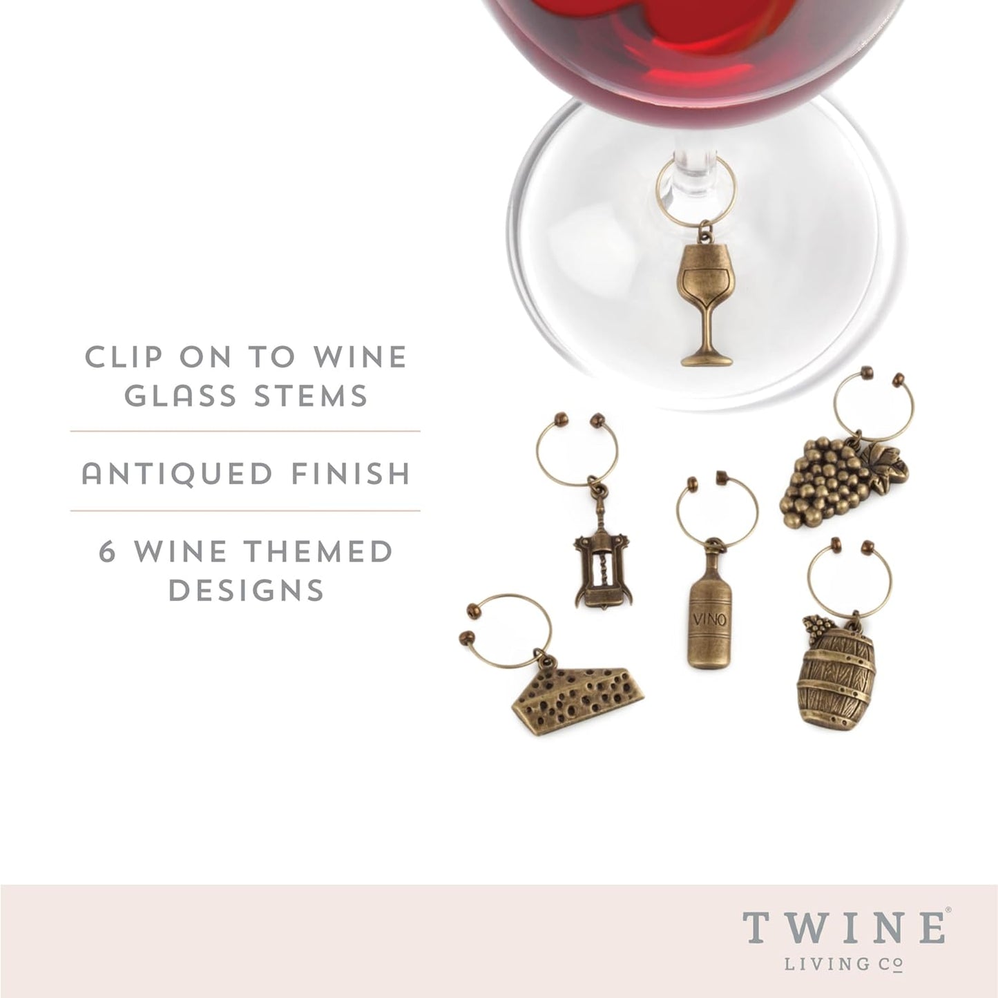 Twine Antiqued farmhouse decor wine charms and drink markers for wine glasses, 6 count