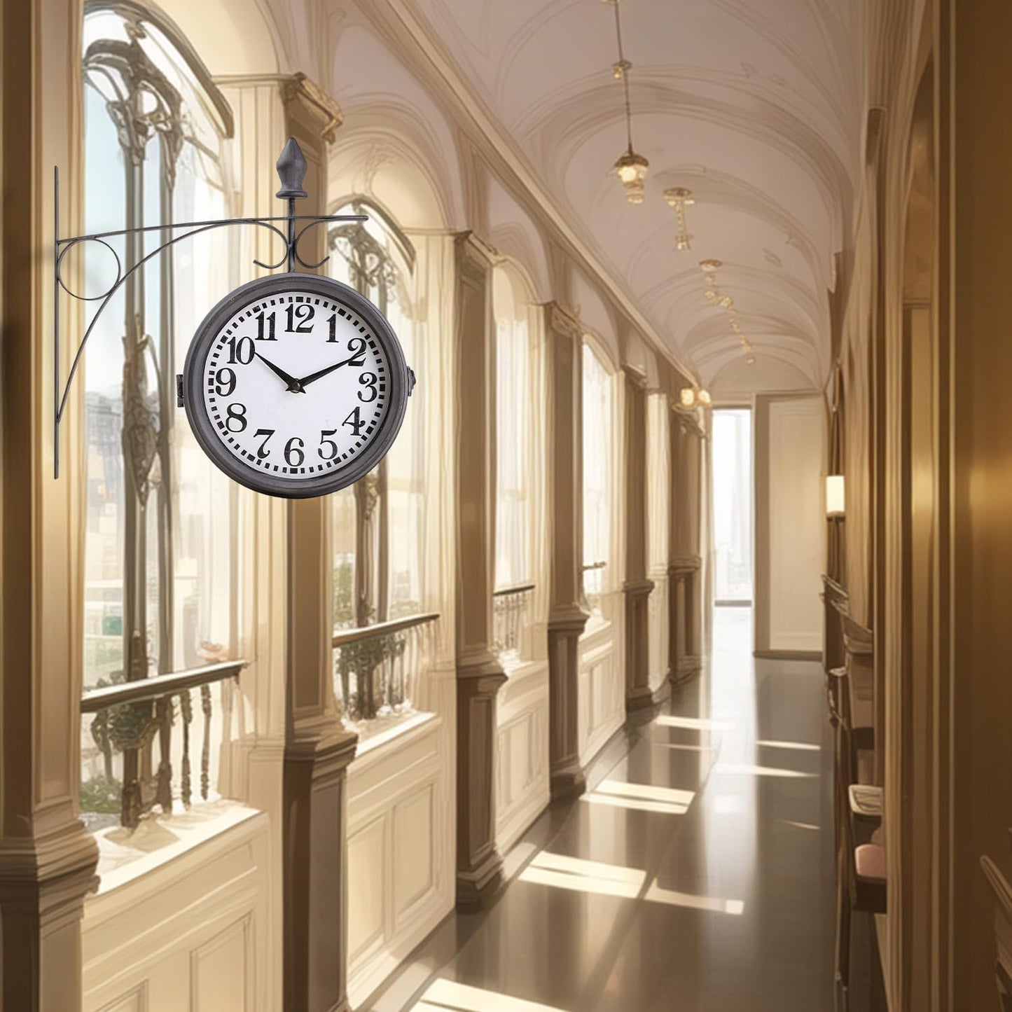 Metal Double Sided Hanging Clock with Retro Grey Sturdy Frame,Glass Lens,Silent Quartz Movement, Indoor/Outdoor Double-Sided Decorative Wall Clock for Home Décor Farmhouse Station Office Garden