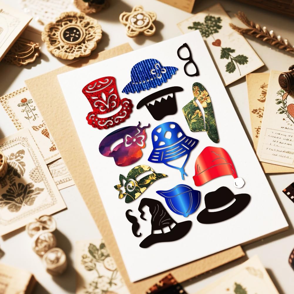 MAYJOYDIY Hat Theme Metal Die Cuts Cowboy Hat Magic Hats Cutting Dies Glasses Moustache Tie Embossing Stencils Scrapbooking Tool for DIY Scrapbooking Craft Card Making Album Gift Decor