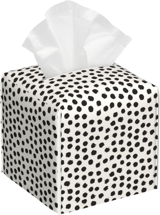 Polka Dot Black Circle Tissue Box Cover Square,Abstract Round Brush Strokes Tissue Box Holder Waterproof Leather Facial Paper Organizer Dispenser for Bathroom Home Car Nightstand Vanity Desk