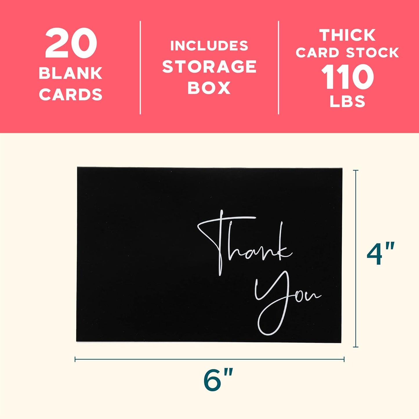 VNS Creations 20 Pack Thank You Cards With Envelopes, Stickers, 4x6 Inch Blank Thank You Notes - Bulk Box Set Large Notes for Graduation, Wedding, Small Business, Baby & Bridal Shower - Black