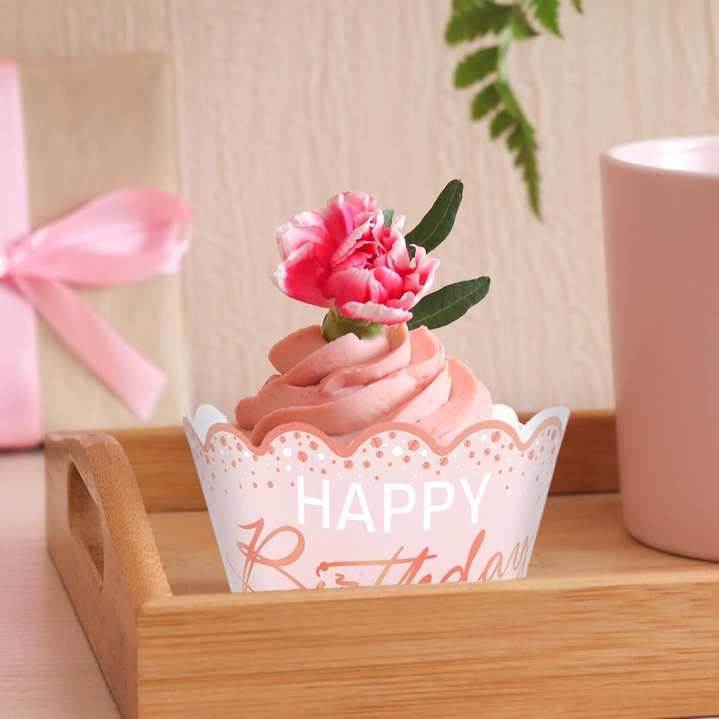 Whaline 36Pcs Happy Birthday Cupcake Wrappers Pink Dots Cupcake Liners Decorative Cupcake Holders for Baby Shower Birthday Party Cake Decoration