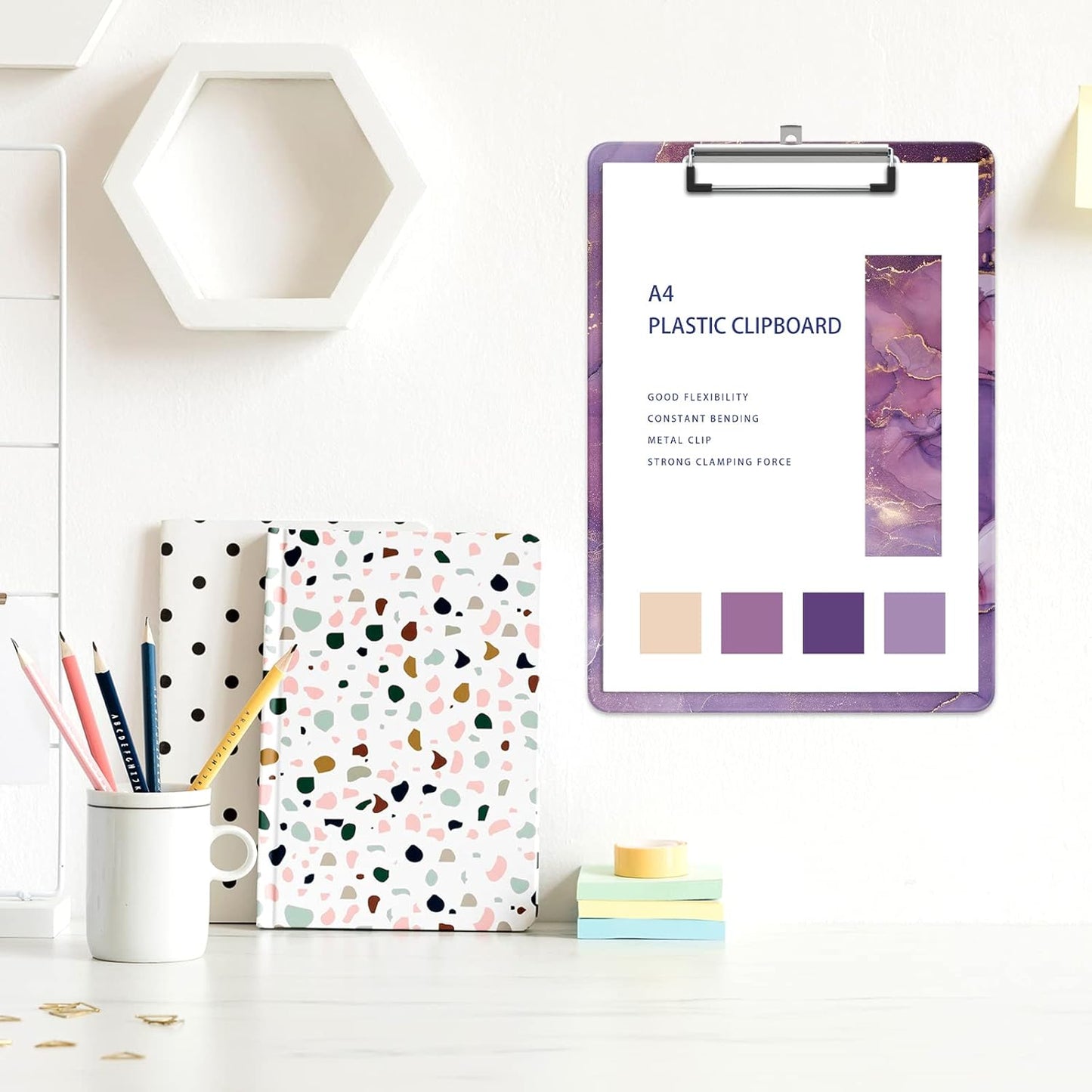 Plastic A4 Clipboards, Cute Clip Board Stardard Letter Size 9 x 12.5 in, Office Decorative for Students Women Men and Kids, Purple Marble