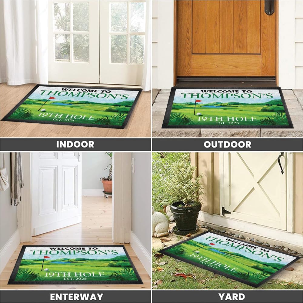 Personalized Golf Doormat – Welcome Mat 19th Hole Mat with Custom Name & Year – Non-Slip Outdoor Entrance Rug for Golf Lovers – Funny Clubhouse Patio Decor – Green Fairway Theme