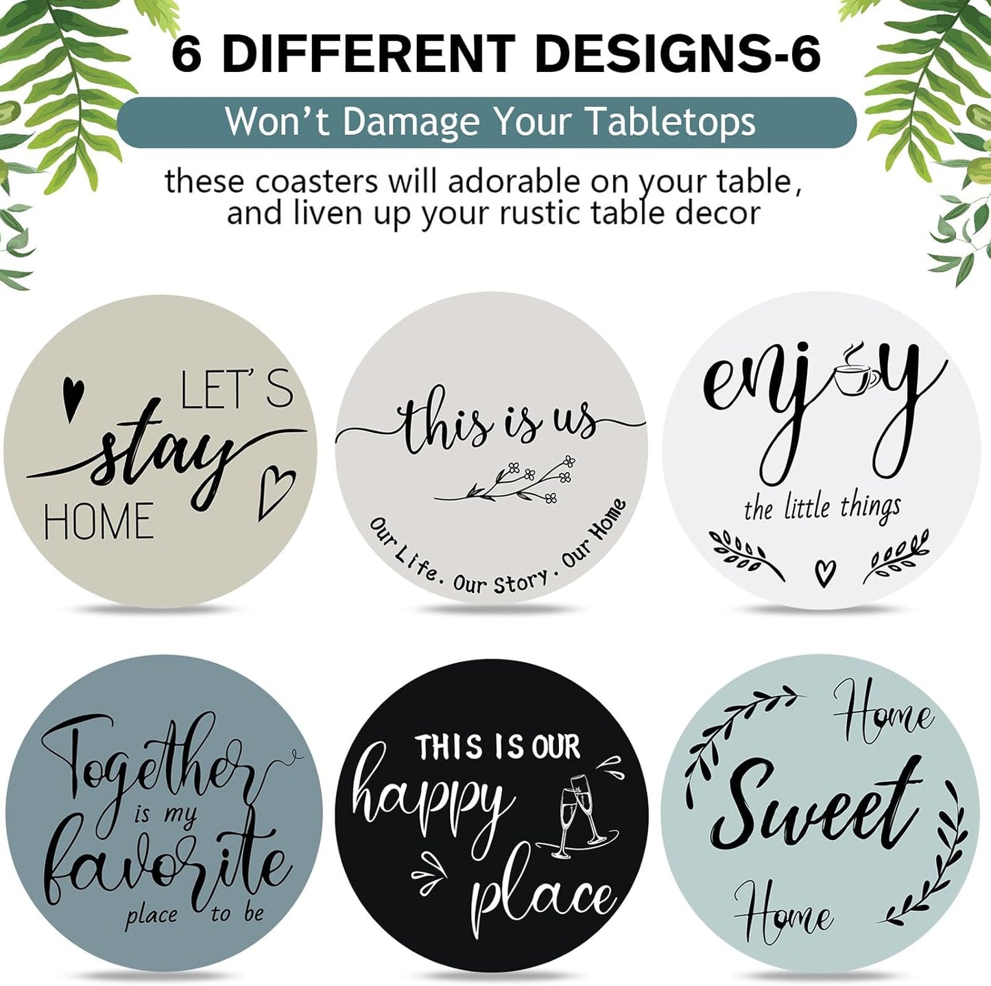 Queekay Housewarming Gifts for Home Decoration Wooden Heart Coasters for Drinks 6 Set Farmhouse Coasters with Holder Funny for Family Coffee Table Protection, 4''(Gray Blue)