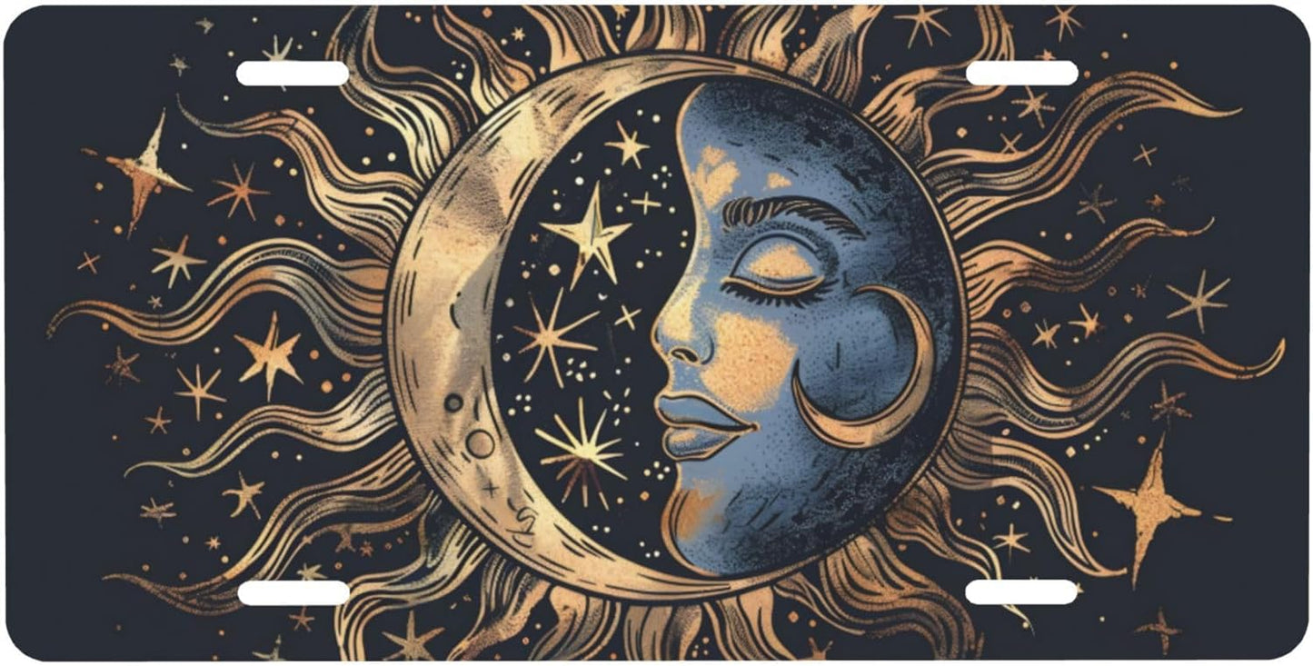 Front License Plate for Car Designs Galaxy Black Sun Moon Stainless License Plate Cover Holder for Men Women Metal Aluminum Decorative Accessory Vanity Tag Standard 6 X 12 Inch (4 Holes)