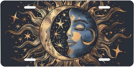 Front License Plate for Car Designs Galaxy Black Sun Moon Stainless License Plate Cover Holder for Men Women Metal Aluminum Decorative Accessory Vanity Tag Standard 6 X 12 Inch (4 Holes)