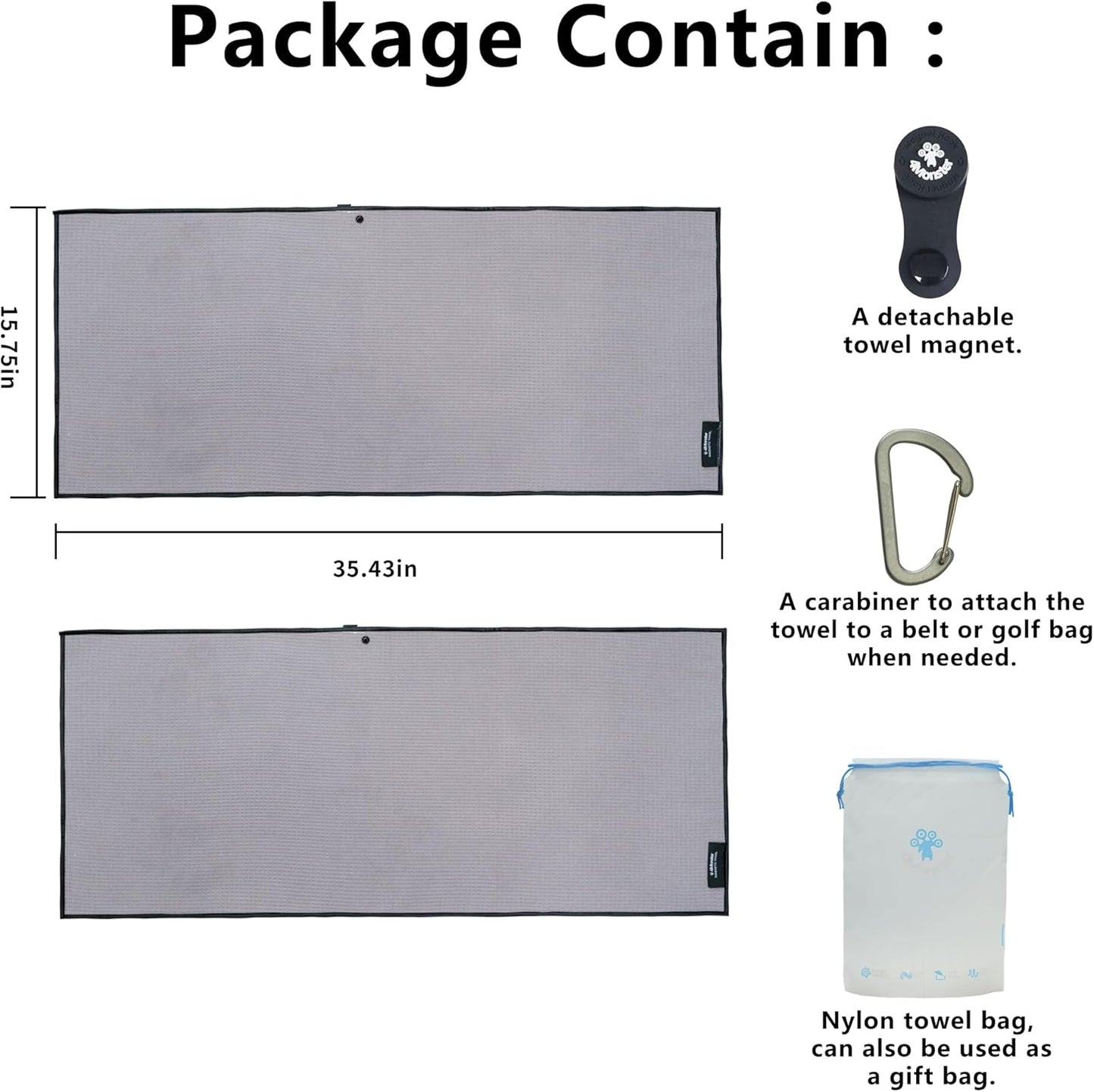 4Monster Golf Towels 2-Pack with Detachable Magnet and Portable Pouch, Quick-Dry Microfiber Golf Towel Set for Golf Bags,Custom Towel Gifts for Men or Women (2, Grey)