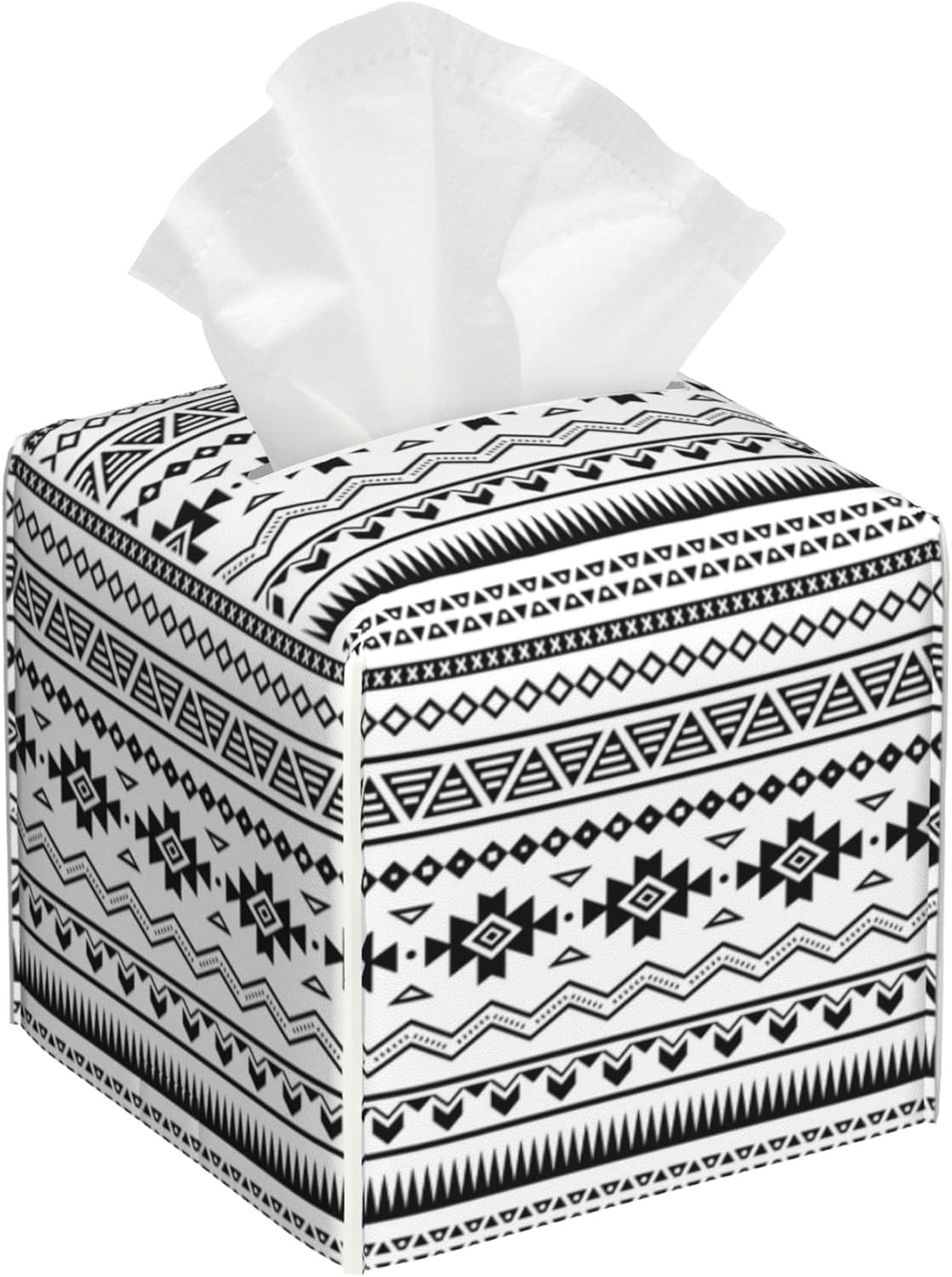 Boho Black White Geometric Tissue Box Cover Square,Abstract Tribal Symbol Tissue Box Holder Waterproof Leather Facial Paper Organizer Dispenser for Bathroom Home Car Nightstand Vanity Desk