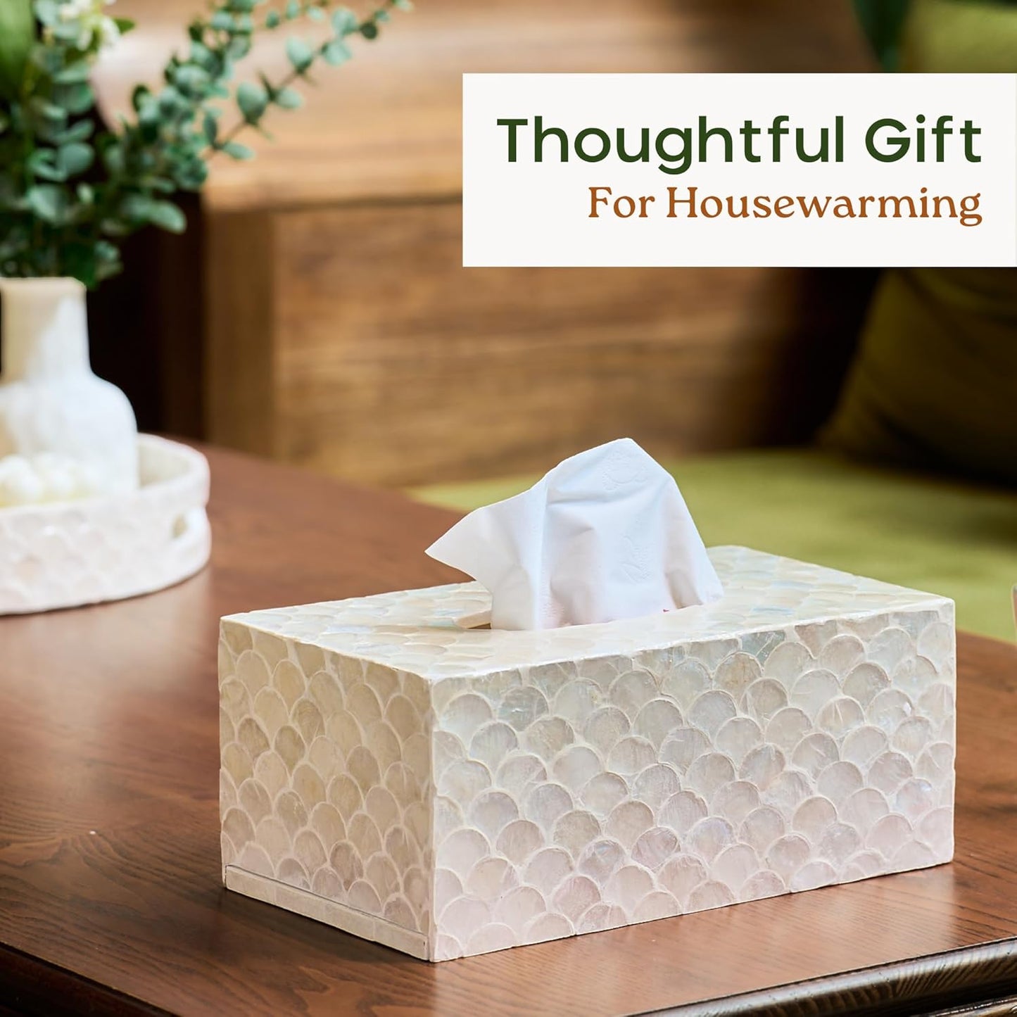 Rectangular Capiz Tissue Box Cover, Decorative Mother of Pearl Inlay Tissue Box Holder for Bedroom, Bathroom, Kitchen, and Office, Rectangle Tissue Box Cover White (10.25” x 5.9” x 4.33”)