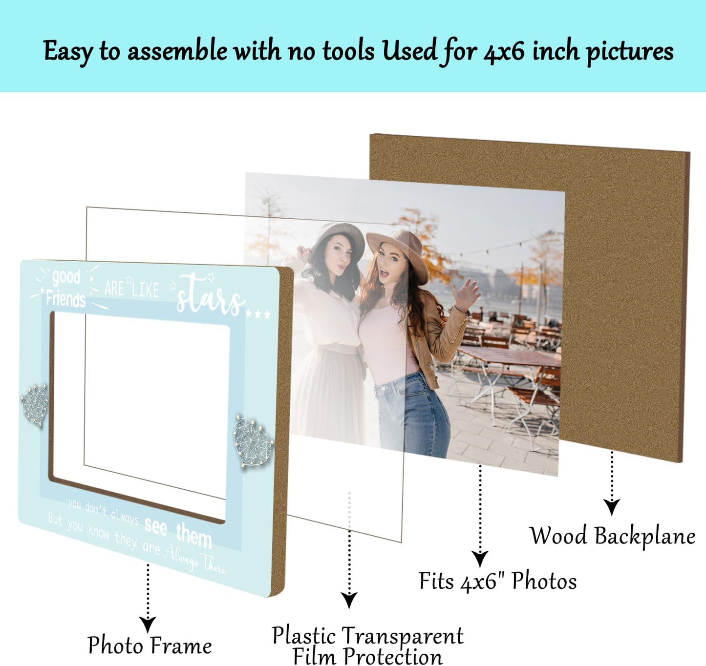 Friends Picture Frame, Wooden Photo Frame with Stand, Friendship Gifts Birthday Gifts for Women Men Sister Bestie Friend, Home Office Desk Decor Photo Frame Tabletop Display -xk26